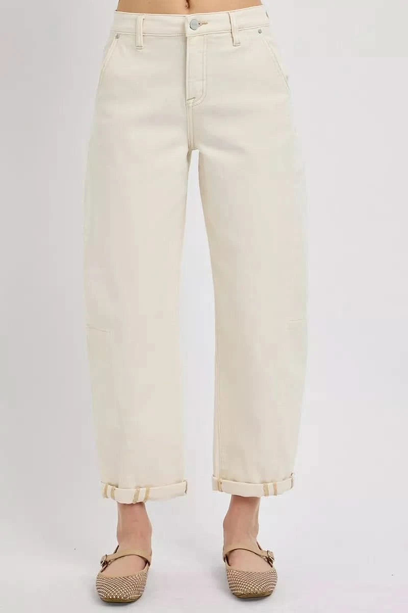 RISEN High Rise Relaxed Barrel Cuffed Jeans in IVORY - photo