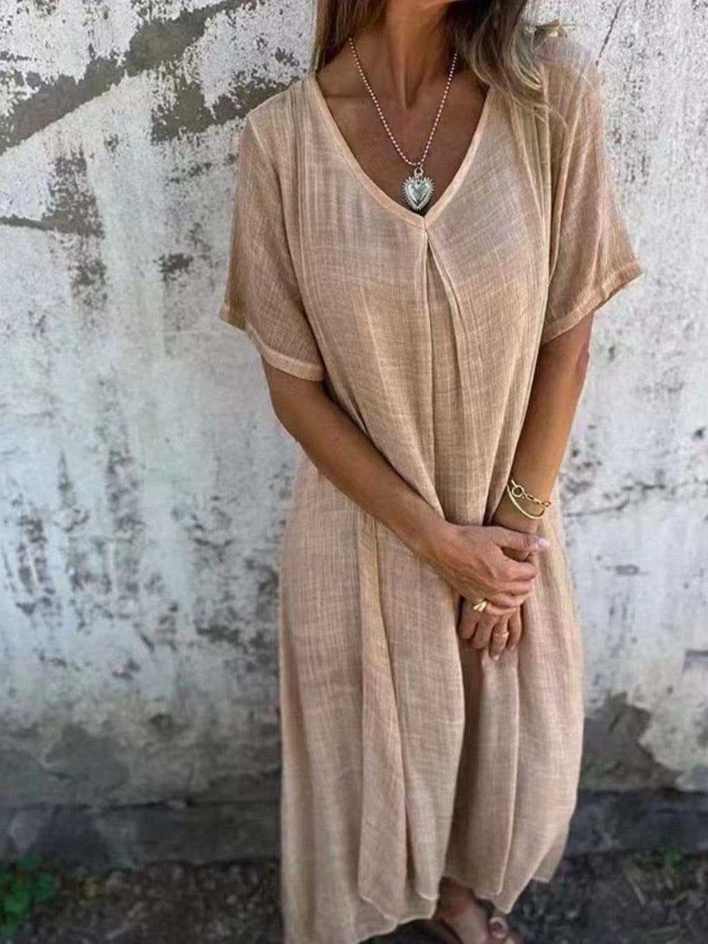 Full Size V-Neck Short Sleeve Midi Dress Plus Size in Tan - dresses photo