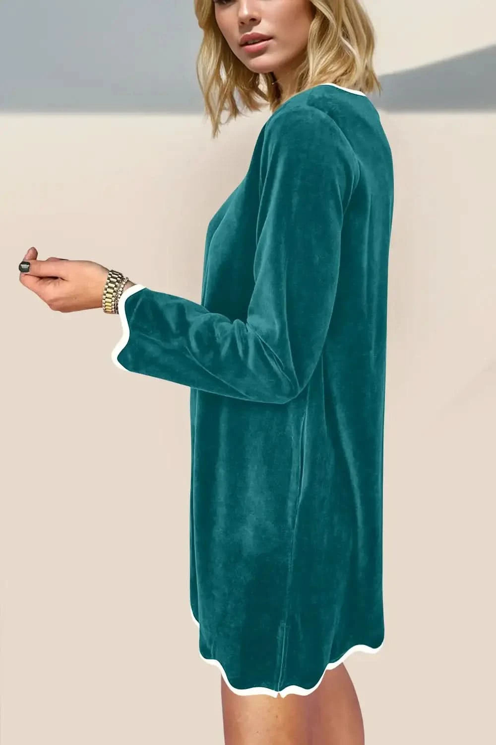 Double Take Wave Contrast Trim V-Neck Zip Up Long Sleeve Mini Dress in - photo