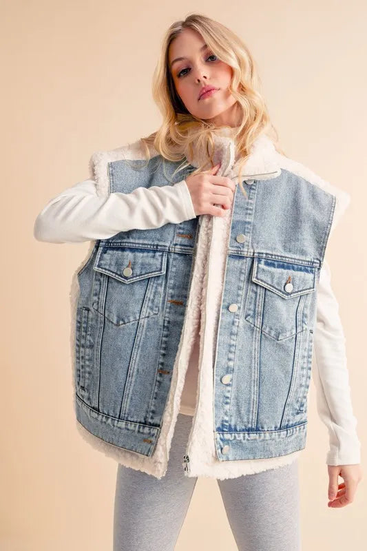 Aemi + Co Fake Two Pieces Denim Patch Sherpa Vest Coat in - photo