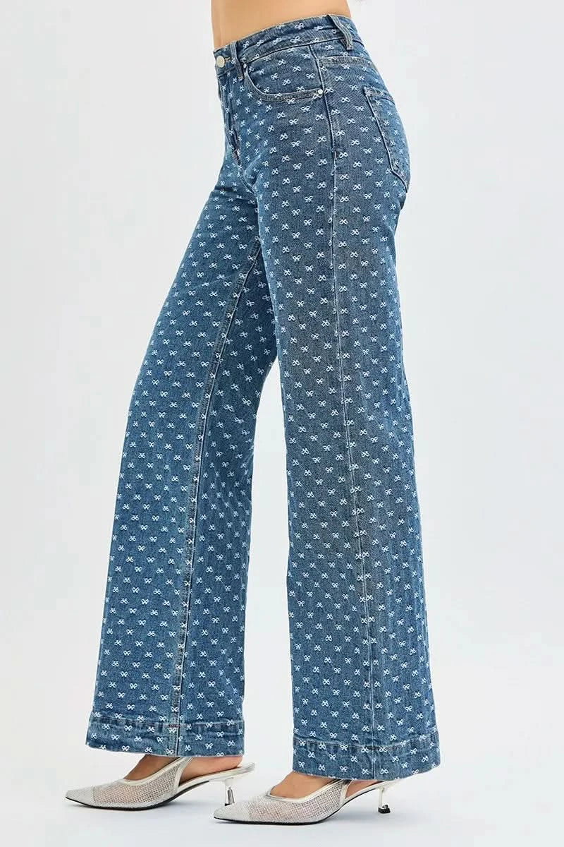 RISEN High Rise Wide Leg Bow Embroidered Jeans in - photo