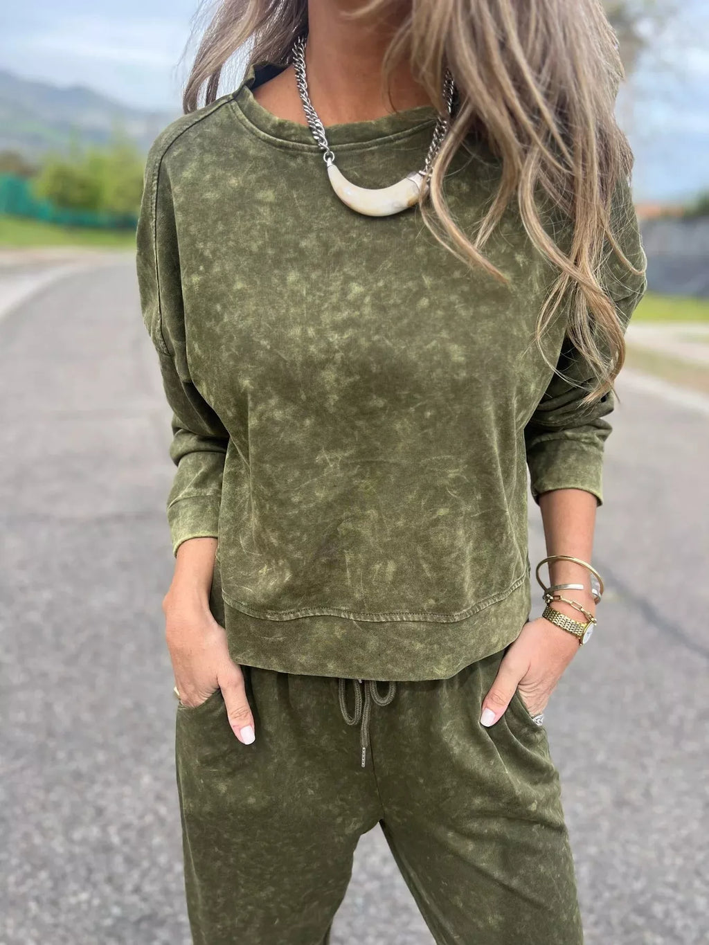 Full Size Washed Round Neck Top and Drawstring Pants Set Plus Size in - photo