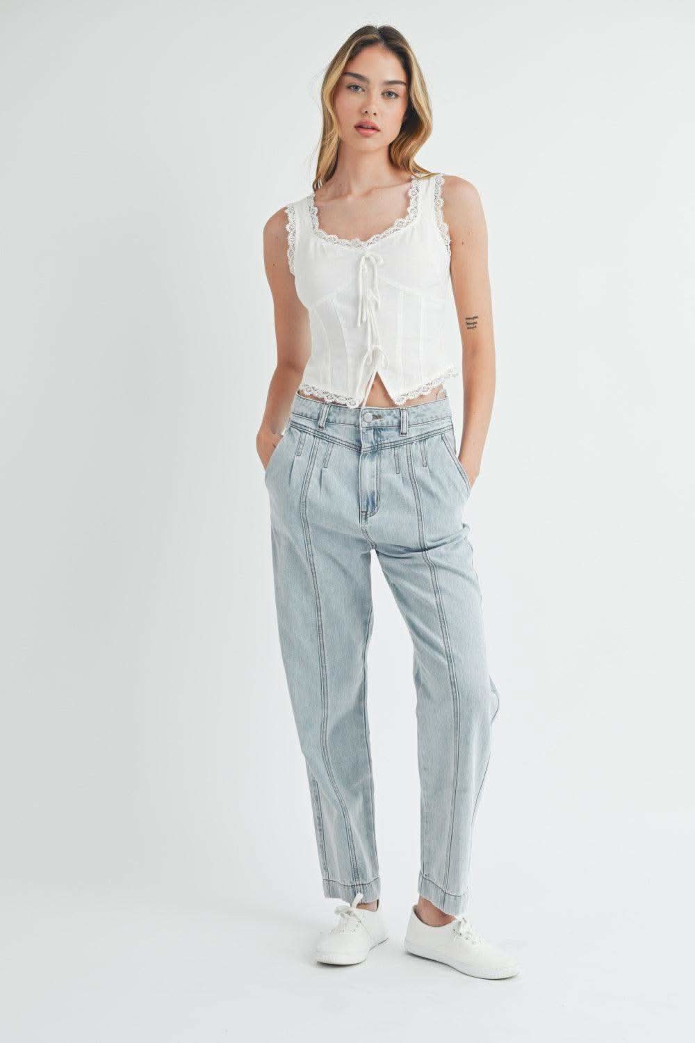 MABLE Pleated Front Detail Straight Jeans - SwagglyLife Home & Fashion