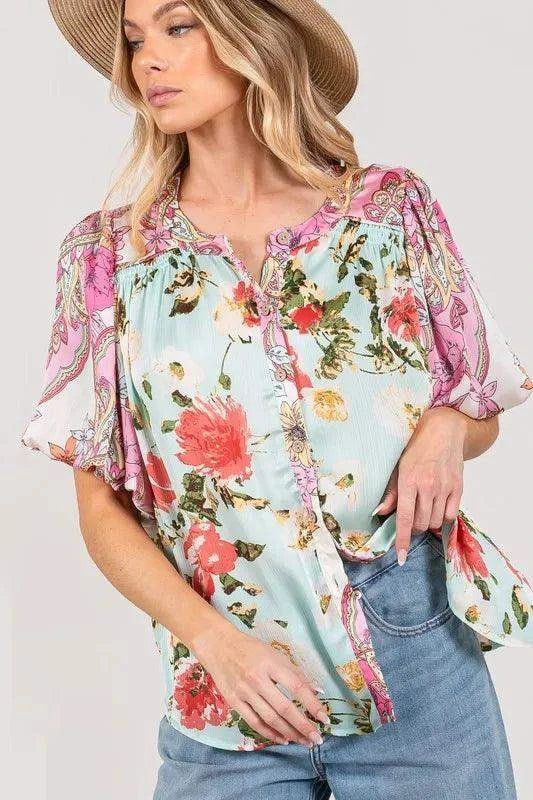 SAGE+FIG Plus Size Floral Mineral Wash French Terry Button Up Shirt in - photo