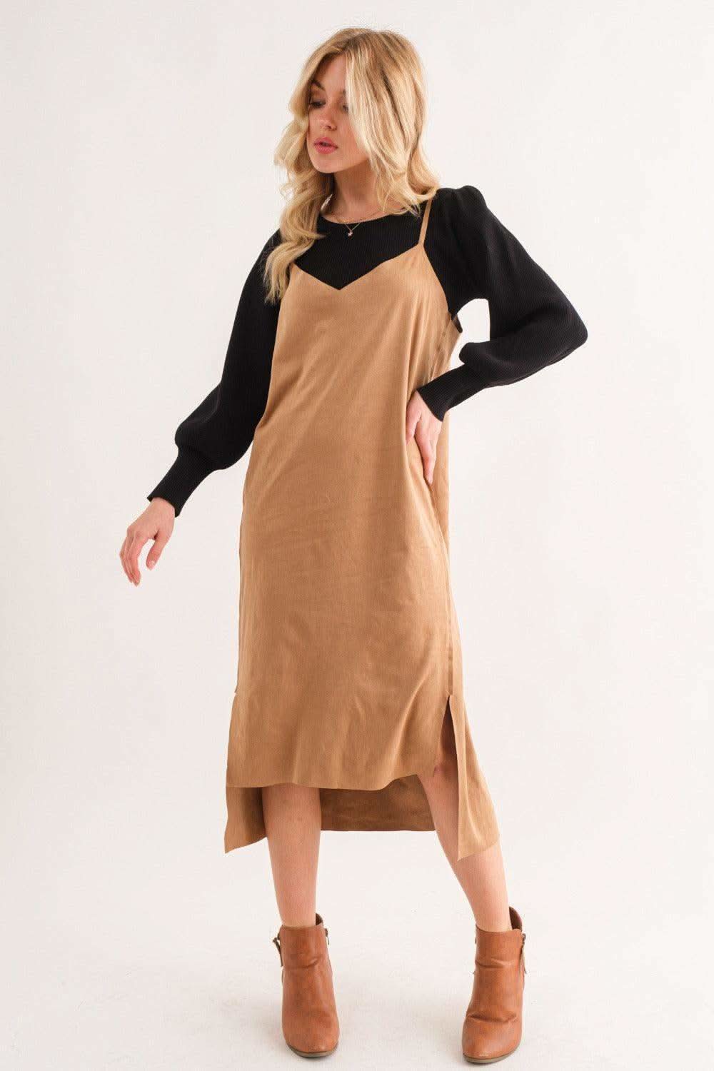 And The Why Faux Suede Cut Edge Slit Cami Midi Dress in - Dresses photo