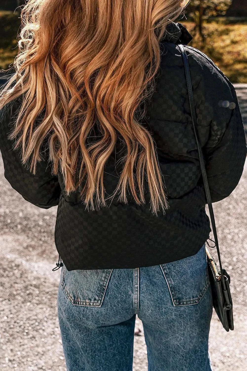 Checkered Turtleneck Zip Up Long Sleeve Winter Coat - SwagglyLife Home & Fashion Checkered Turtleneck Zip Up Long Sleeve Winter Coat - SwagglyLife Home & Fashion