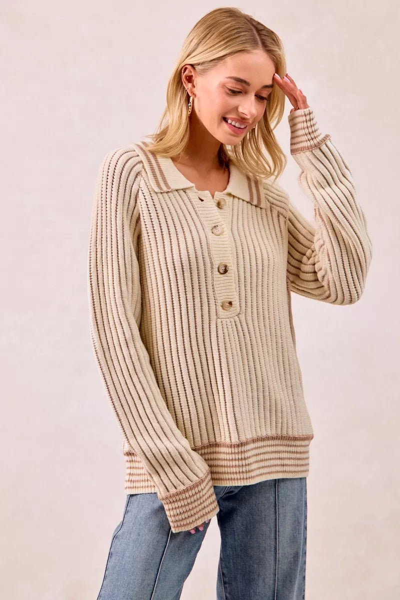 BiBi Half Button Ribbed Two Tone Sweater - SwagglyLife Home & Fashion