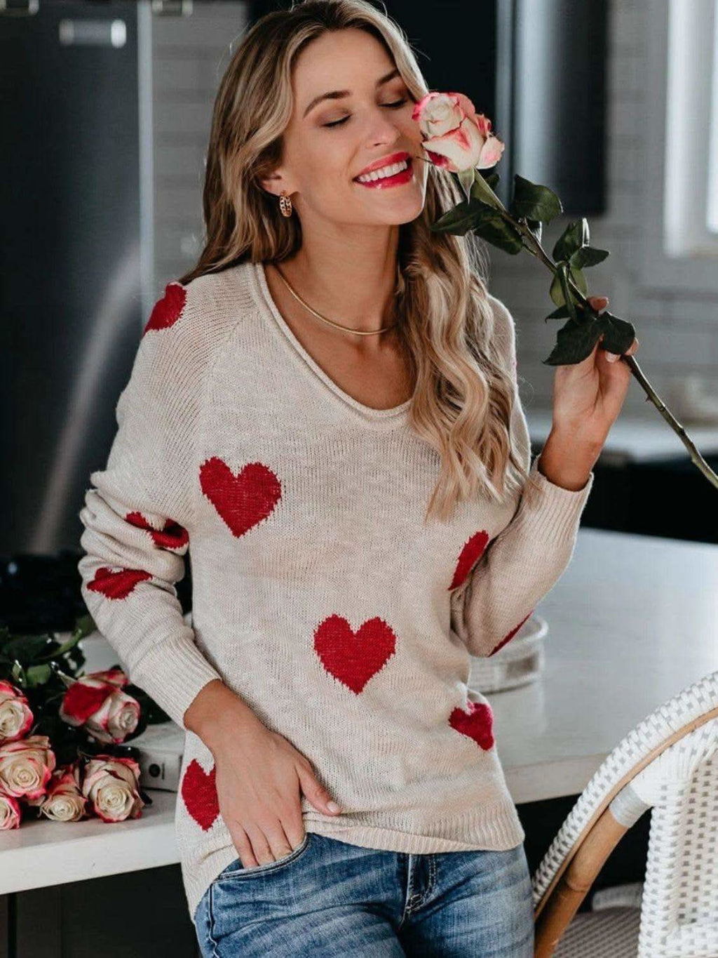 Heart Scoop Neck Long Sleeve Sweater in - photo