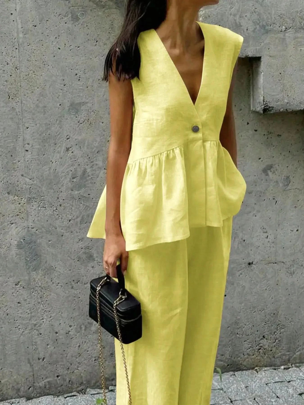 Button Down Peplum Vest and Pants Set in Pastel Yellow - photo