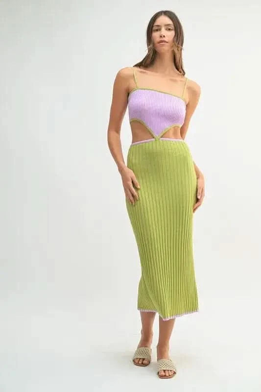 MABLE Ribbed Knit Color Block Cutout Midi Dress in Lime - photo