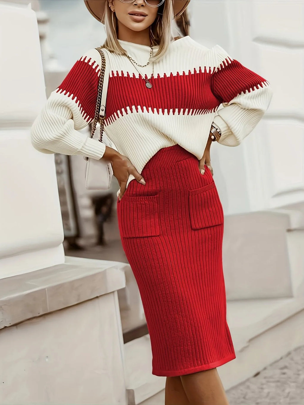 Two-Tone Ribbed Knit Top and Skirt Sweater Set in - photo
