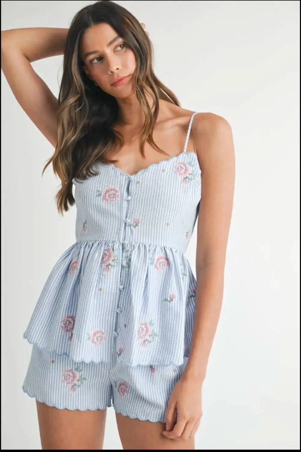 MABLE Stripe Embroidered Peplum Cami and Shorts Set in - photo