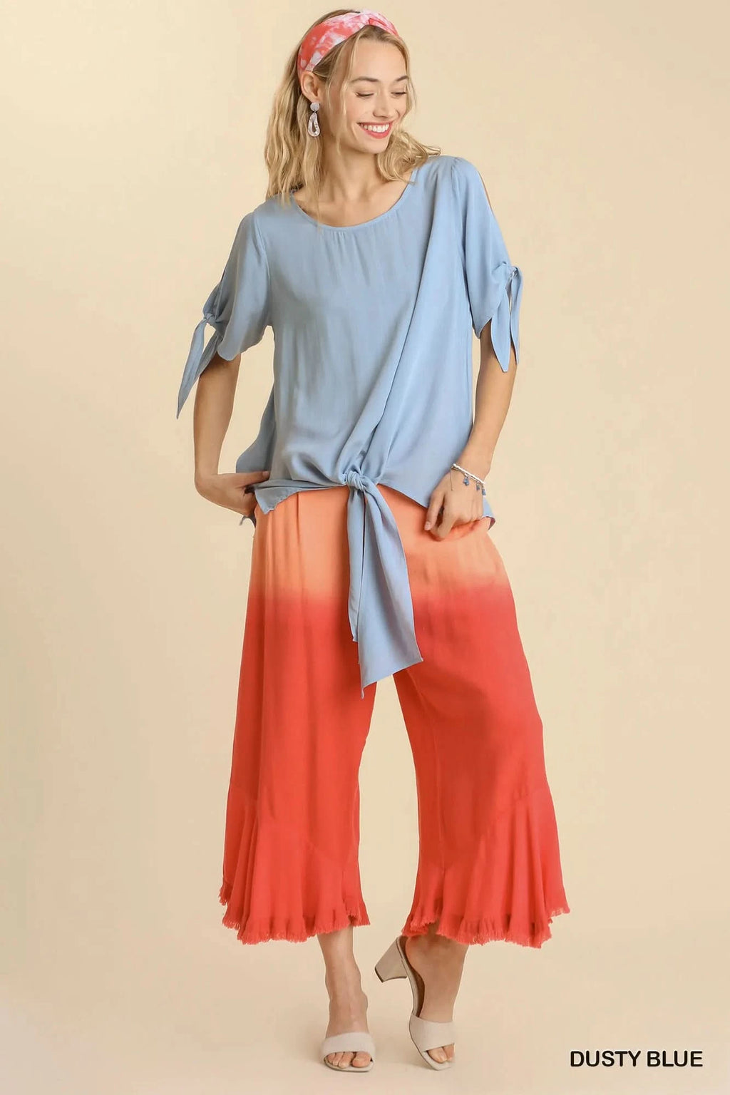 Umgee Cold Shoulder Short Sleeve Round Neck Top with Side Slits and Tie-able Knot Details - SwagglyLife Home & Fashion