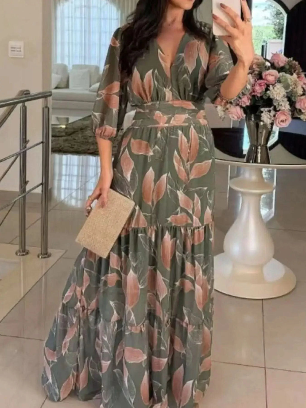 Full Size Printed V-Neck Maxi Dress with Tiered Hemline Plus Size - SwagglyLife Home & Fashion