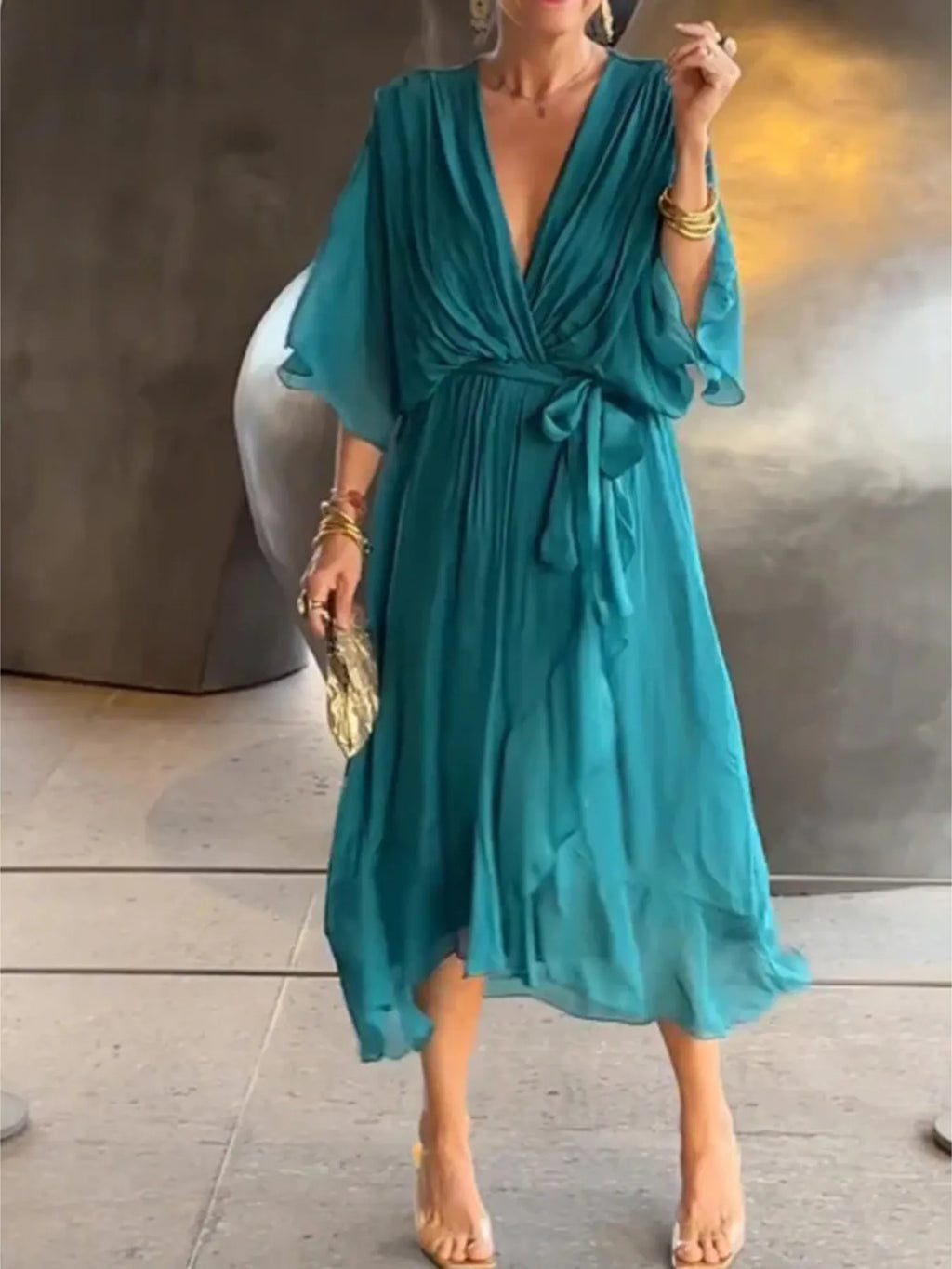 Flowy Tie Front Midi Dress with Flutter Sleeves in Lake Blue - photo