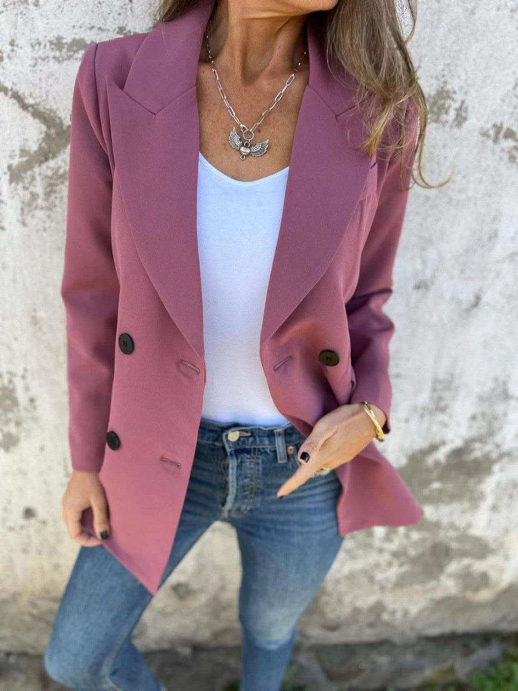 Full Size Collared Neck Long Sleeve Blazer in Dusty Pink - Coats & Jackets photo