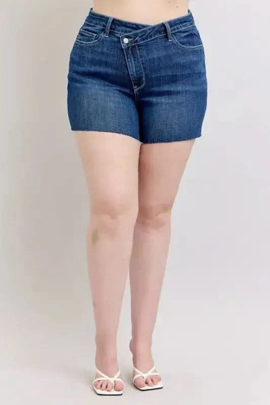 Judy Blue Plus Size High Waist Criss-Cross Waistband Denim Shorts - SwagglyLife Home & Fashion