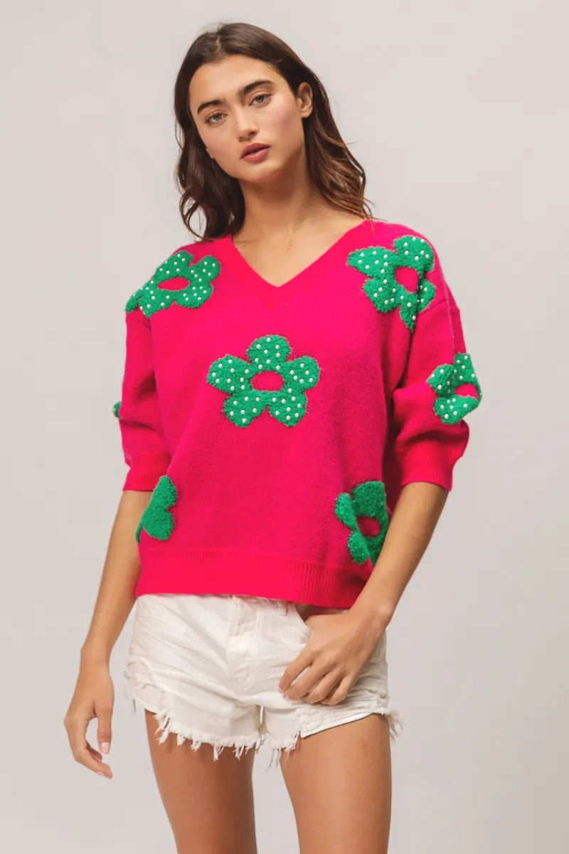 BiBi Pearl Beads Flowers Sweater Top in - photo