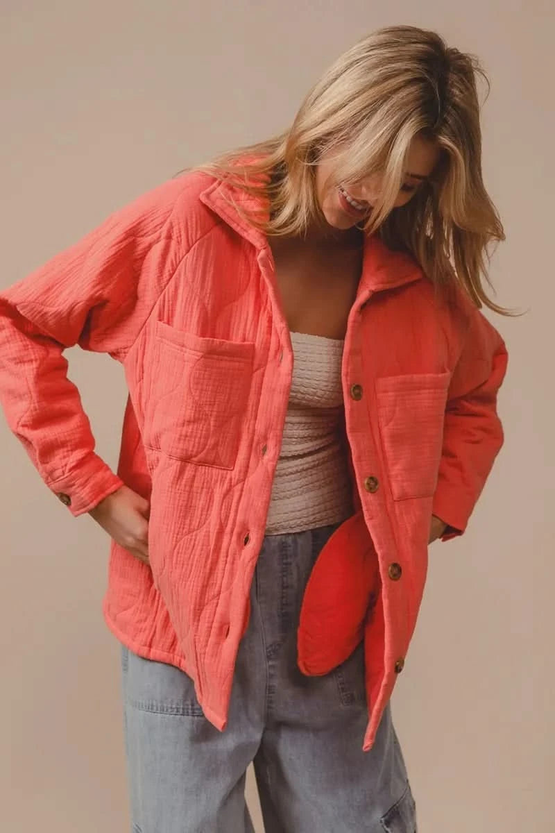 BiBi Quilted Wrinkle Gauze Long Sleeve Shacket in CORAL - photo