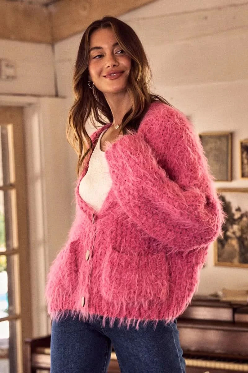 SO ME Soft Touch Hairy Loose Fit Cozy Sweater Cardigan in - photo
