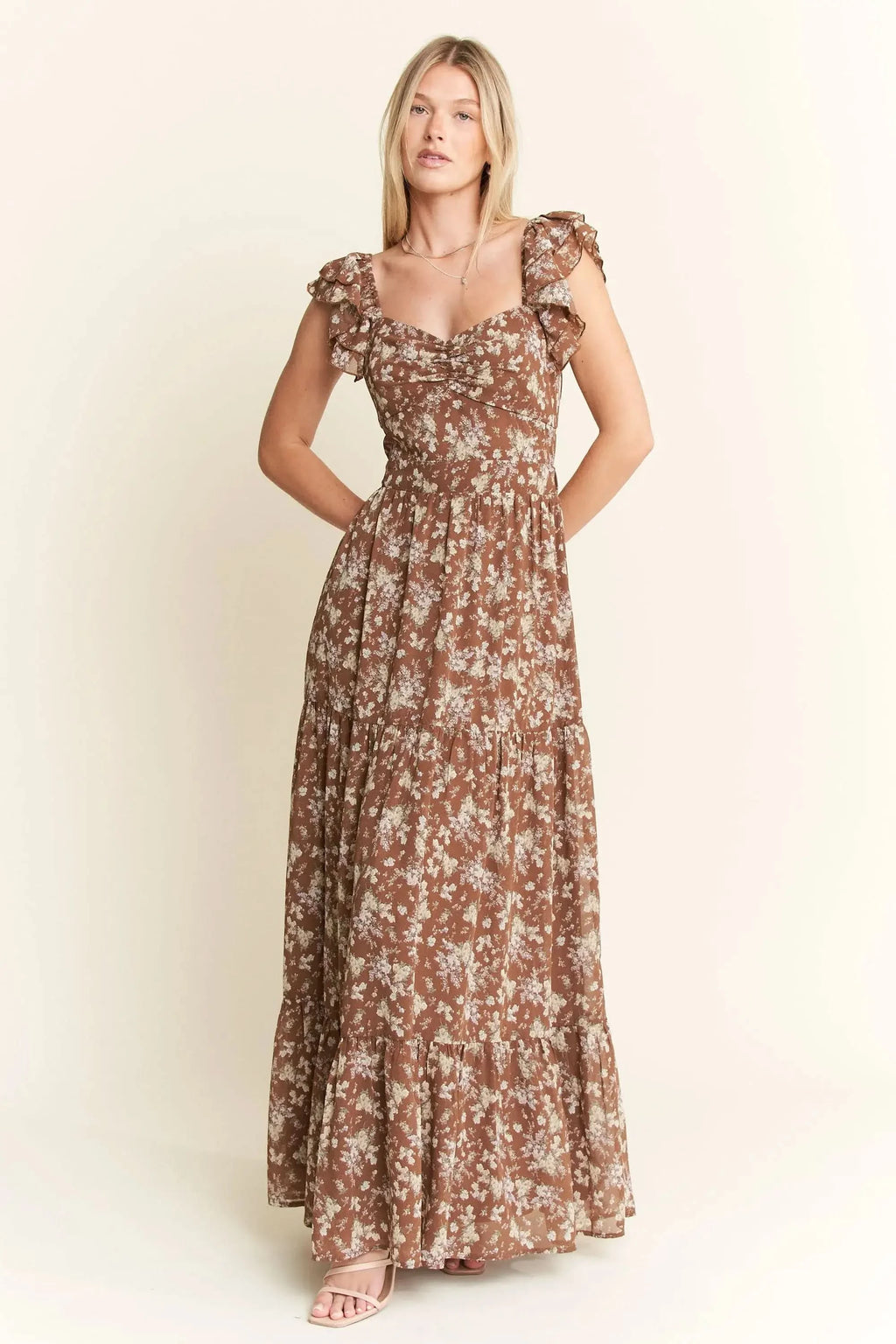 Jade By Jane Ruffle Sleeve Tiered Maxi Dress in MOCHA - photo