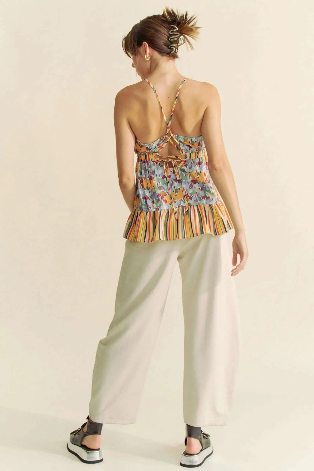 Davi & Dani Floral Smocked Sleeveless Ruffle Back Tie Top - SwagglyLife Home & Fashion