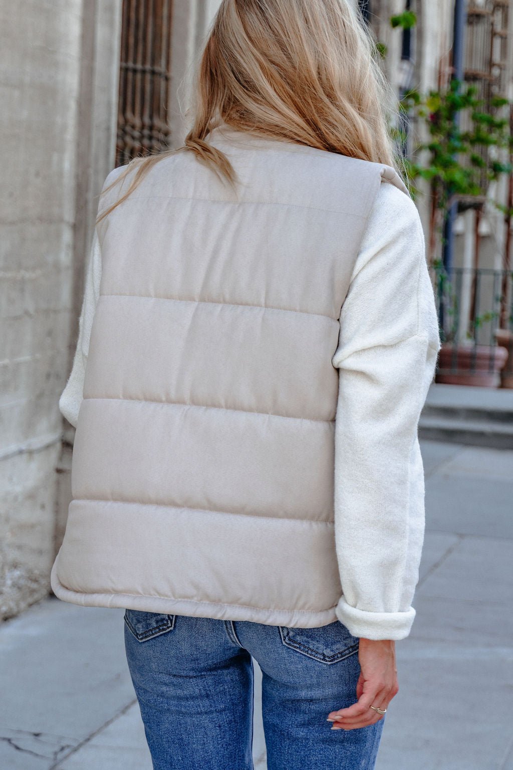 Beige Button Up Puffer Vest in - tops photo