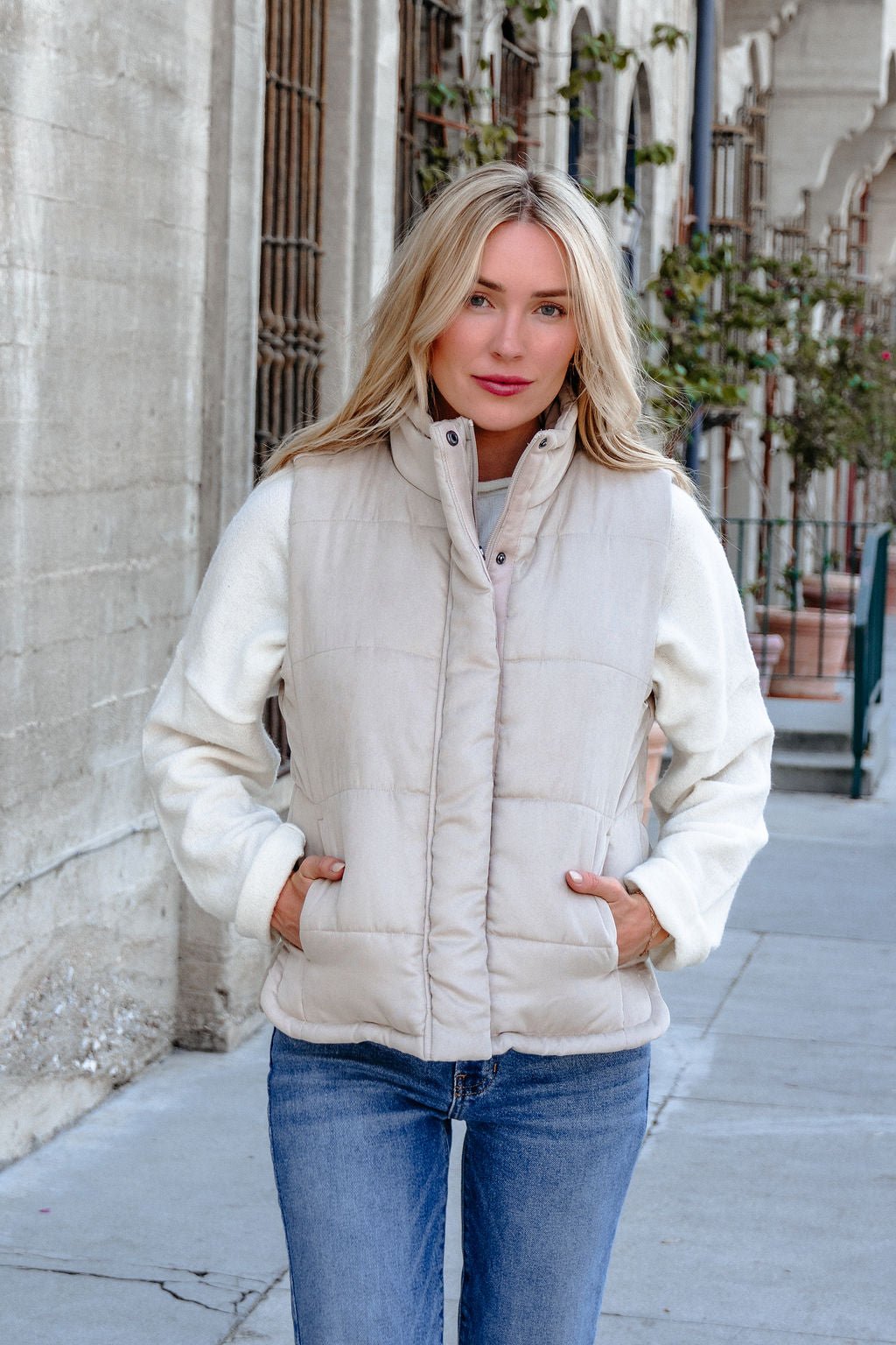 Beige Button Up Puffer Vest in - tops photo