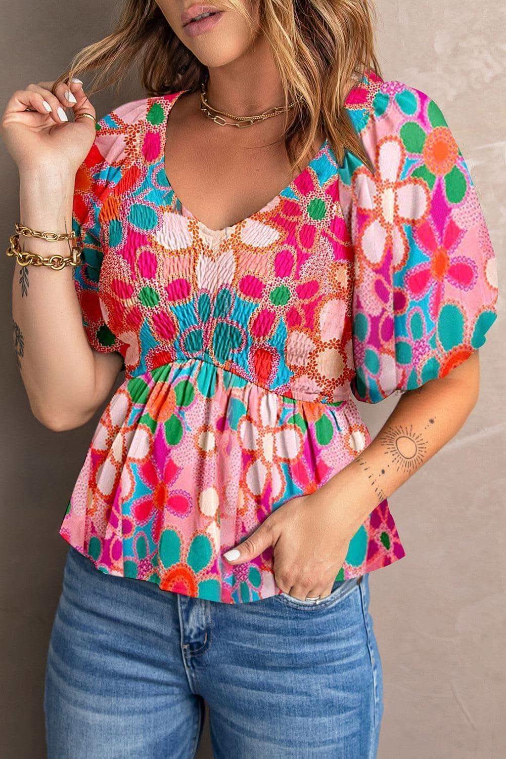 Belle Printed V-Neck Babydoll Blouse - SwagglyLife Home & Fashion Belle Printed V-Neck Babydoll Blouse - SwagglyLife Home & Fashion
