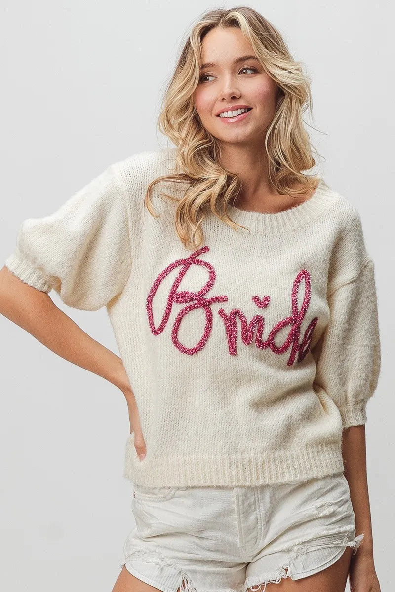 BiBi Metallic Letter Short Puff Sleeve Hairy Sweater in - photo