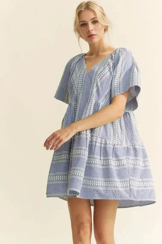 Davi & Dani Embroidered Stripe Ruffled Gingham Mini Dress in - photo