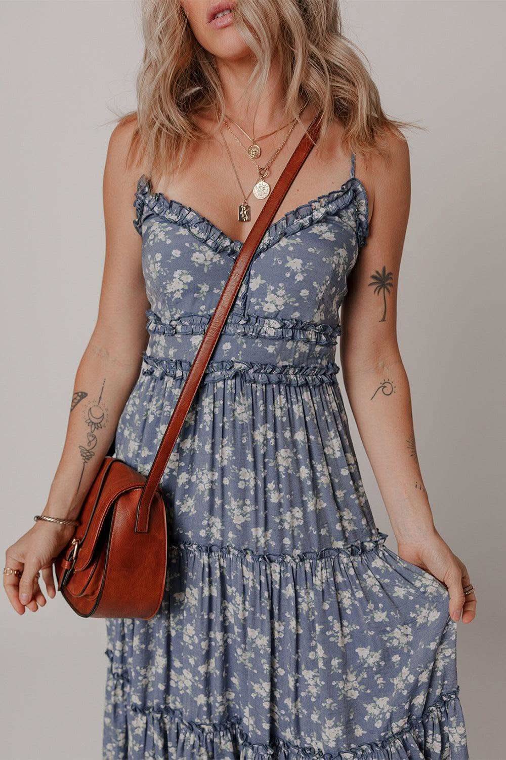 Floral Spaghetti Strap Frilled V Neck Tiered Midi Dress in - photo