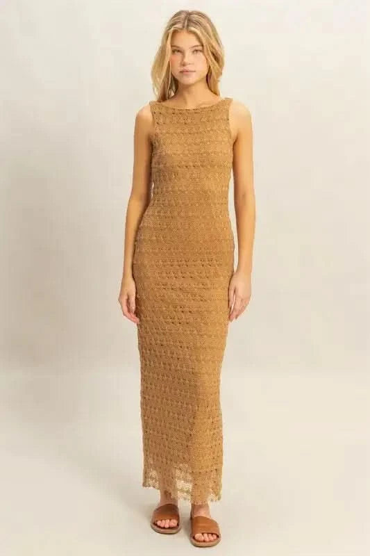 HYFVE Sleeveless Crochet Open Back Maxi Dress in L.BROWN - photo