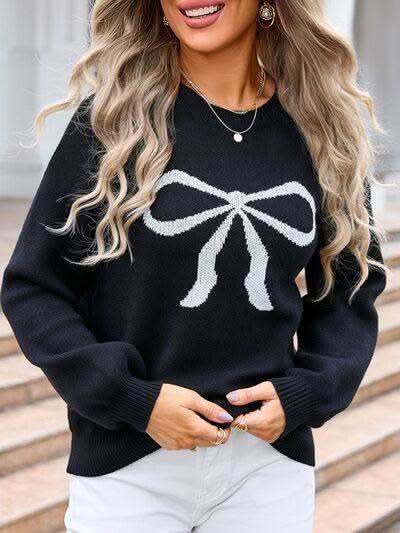 Angel Wings Bow Graphic Round Neck Long Sleeve Sweater in Black - photo