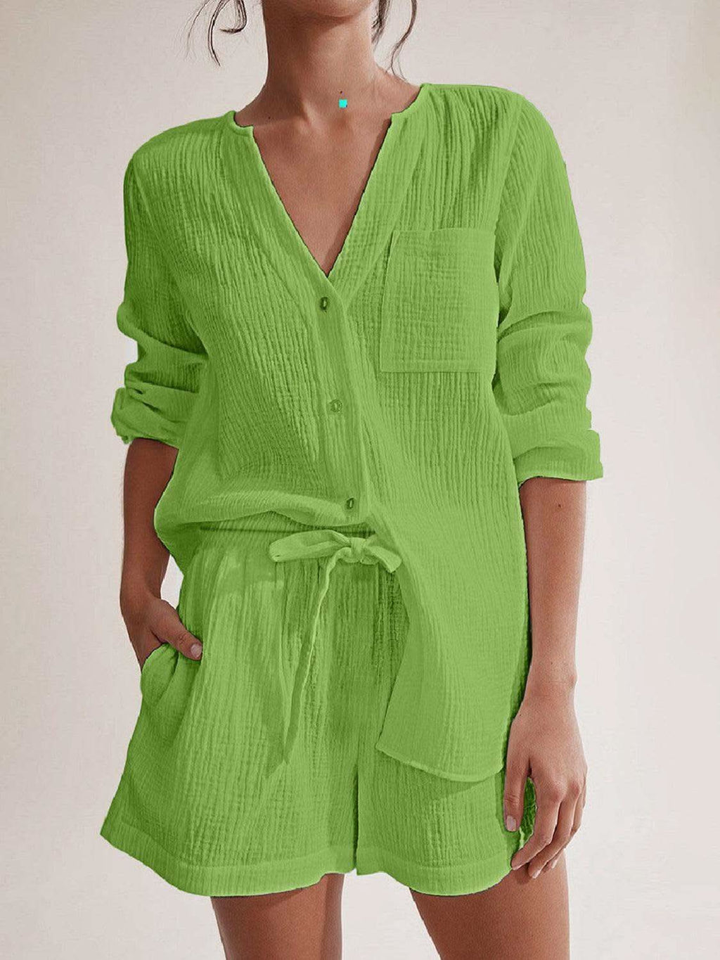 Notched Long Sleeve Top and Shorts Set - SwagglyLife Home & Fashion