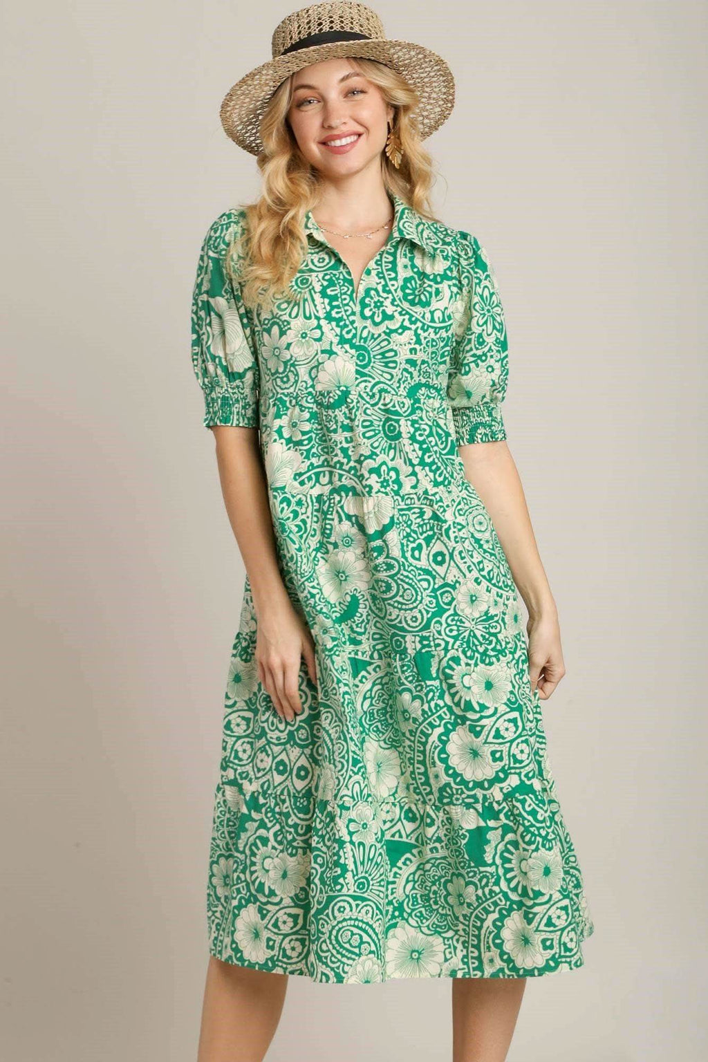 Umgee Full Size Printed Smocked Cuff Puff Sleeve Midi Dress Plus Size in Green - photo