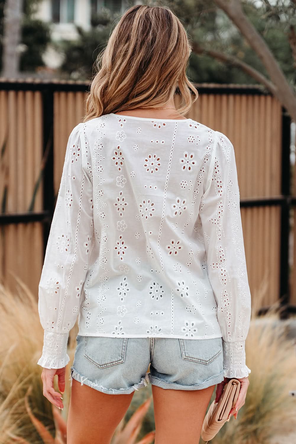 Allison Eyelet Embroidered Smocked Cuff Sheer Blouse in - Tops/Blouses & Shirts photo