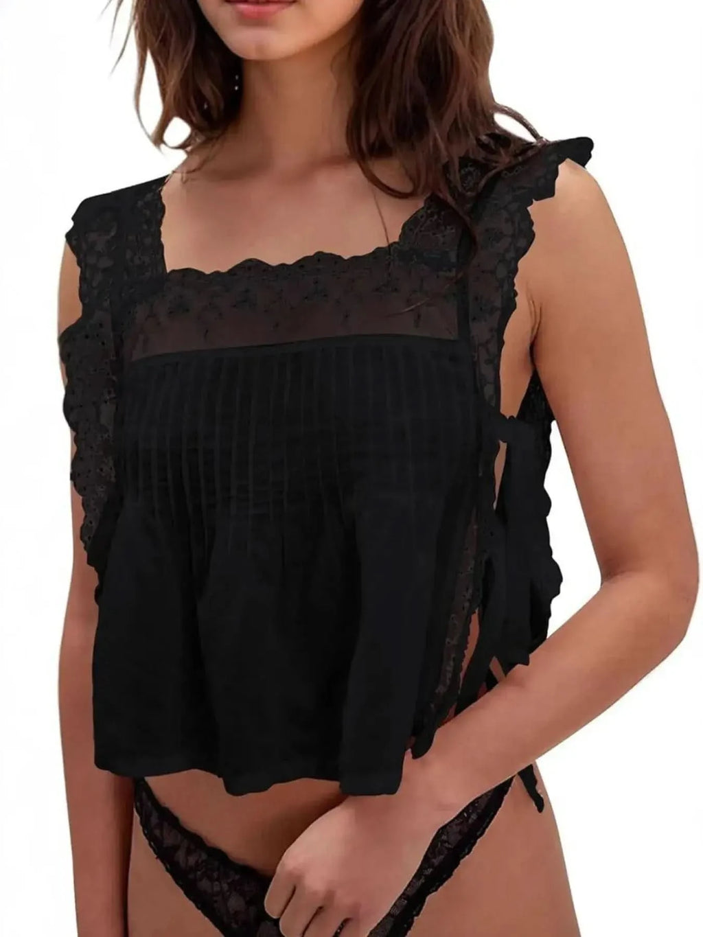 Lace-Trimmed Eyelet Square Neck Top in Black - photo