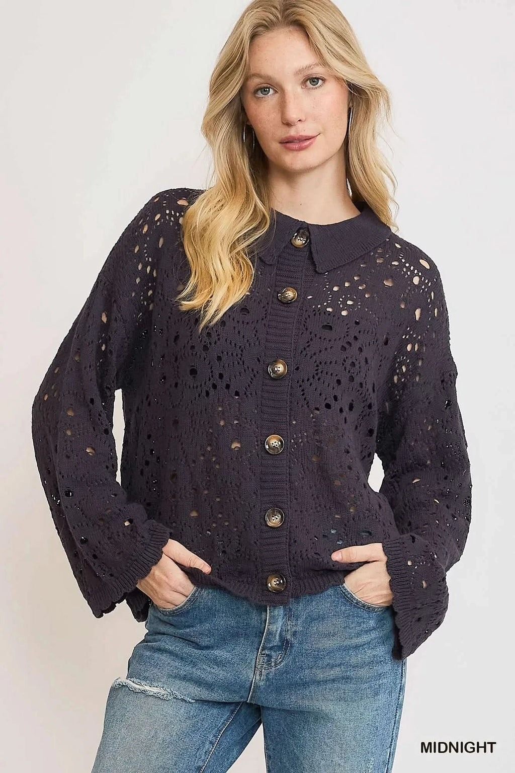 Umgee Hollow Out Button Down Cardigan in MIDNIGHT - photo