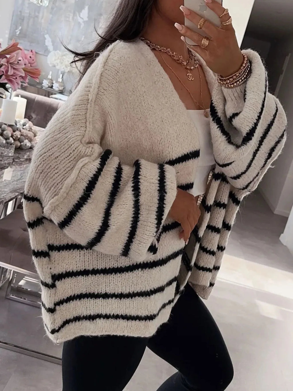 Striped Open Front Dropped Shoulder Cardigan in - photo