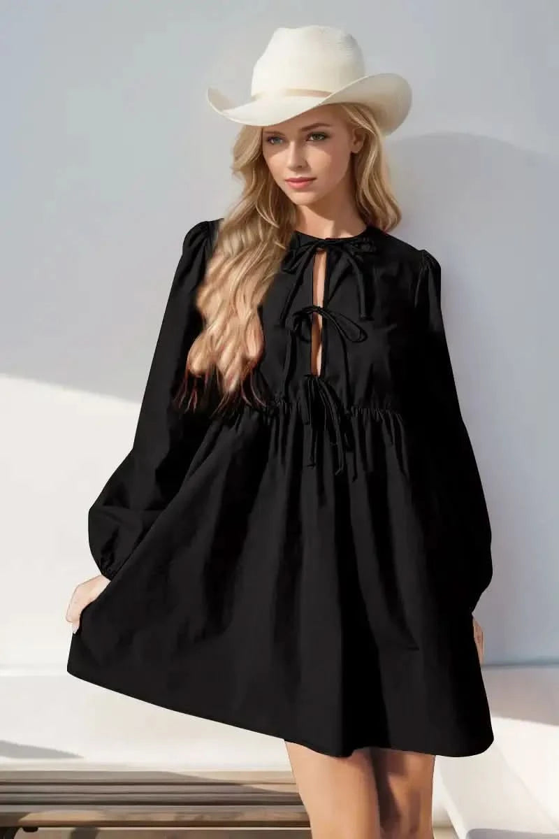 Double Take Christmas Front Tied Long Sleeve Mini Dress in Black - photo