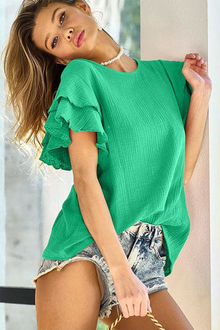 BiBi Ruffle Sleeve Wrinkled Cotton Gauze Top - SwagglyLife Home & Fashion BiBi Ruffle Sleeve Wrinkled Cotton Gauze Top - SwagglyLife Home & Fashion