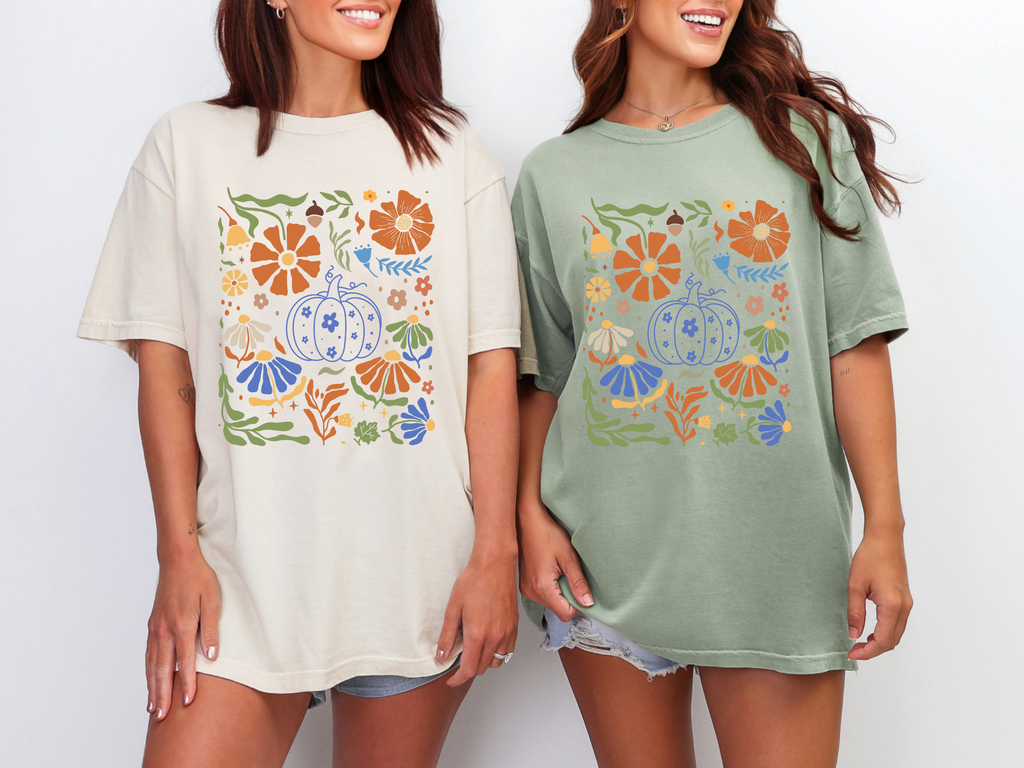 Blue Floral Pumpkin Graphic Tee in Two Colors in Green - Womens photo