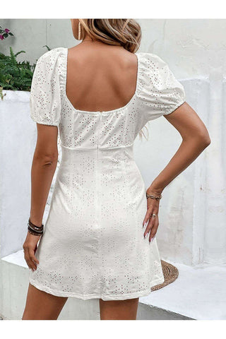 Bow Detail Eyelet Puff Sleeve Dress - SwagglyLife Home & Fashion Bow Detail Eyelet Puff Sleeve Dress - SwagglyLife Home & Fashion