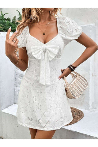 Bow Detail Eyelet Puff Sleeve Dress - SwagglyLife Home & Fashion Bow Detail Eyelet Puff Sleeve Dress - SwagglyLife Home & Fashion