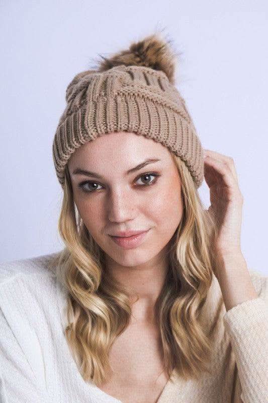 Braided Knitted Fur Pom Pom Beanie in - Hats photo