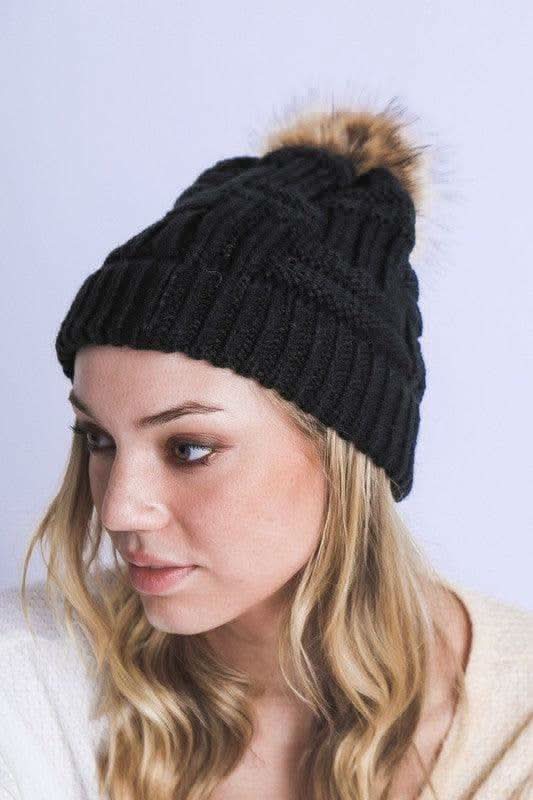 Braided Knitted Fur Pom Pom Beanie in - Hats photo
