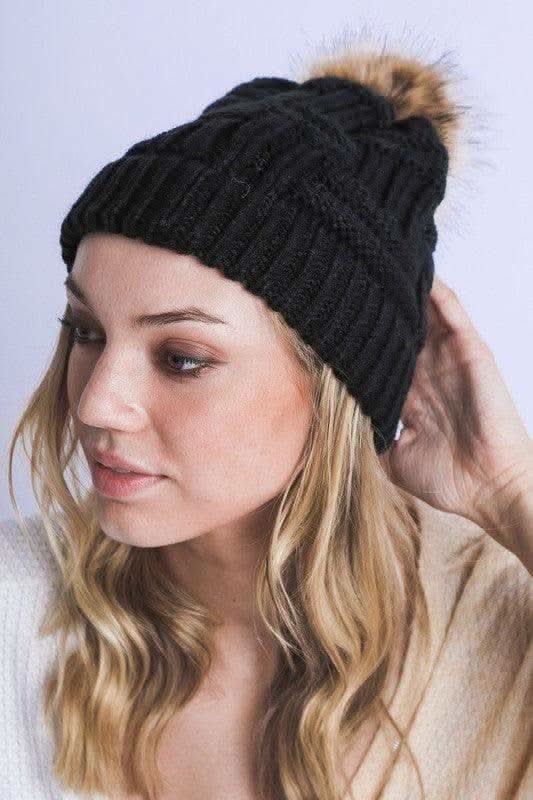 Braided Knitted Fur Pom Pom Beanie in - Hats photo