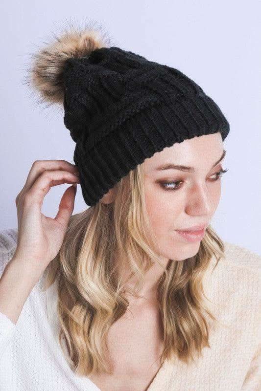 Braided Knitted Fur Pom Pom Beanie in BKTA Os - Hats photo