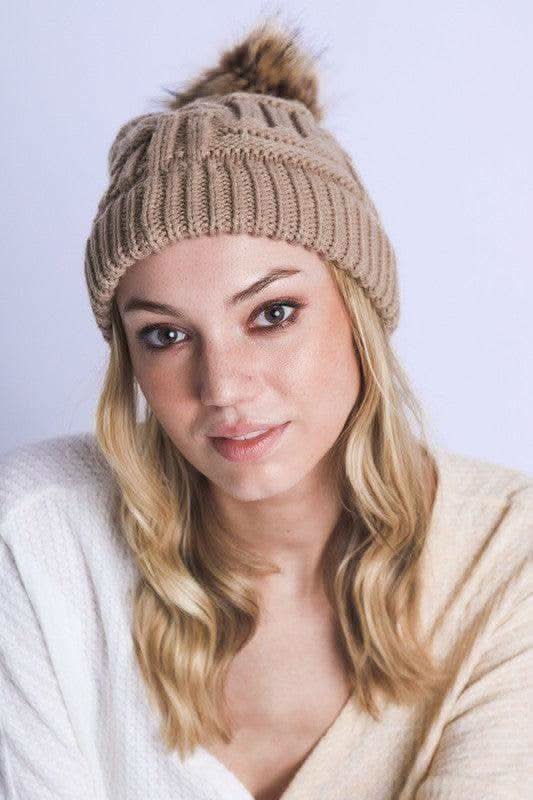 Braided Knitted Fur Pom Pom Beanie in - Hats photo